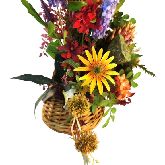 Artificial Floral Arrangement In Fishing Creel Basket With Vibrant Red Purple & - Picture 6 of 15